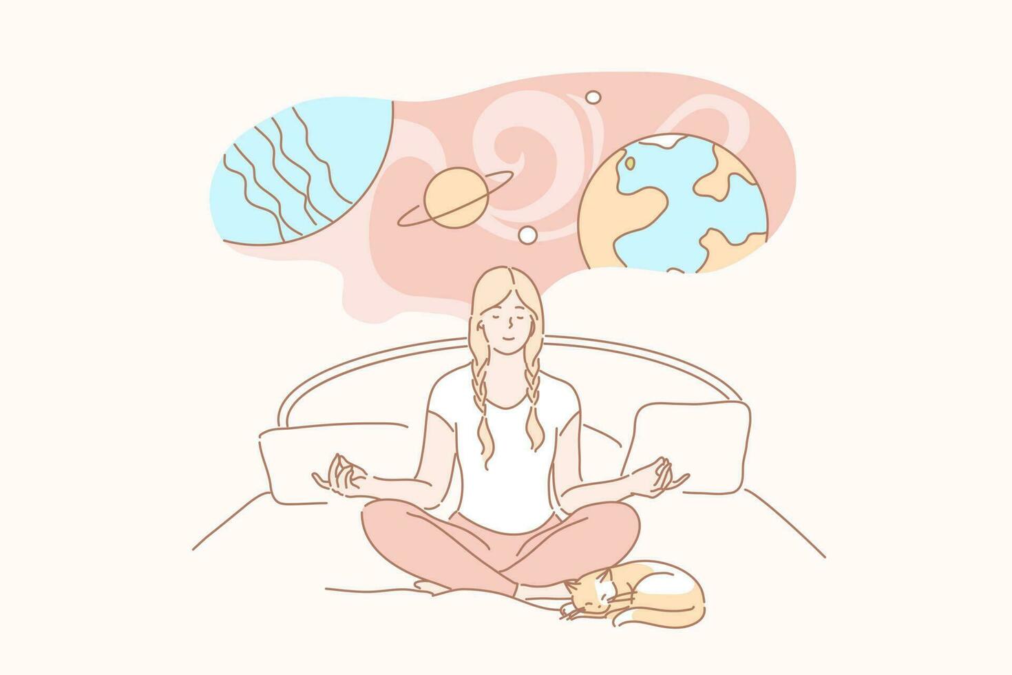 Dream, yoga, meditation, relax, imagination concept. Young smiling calm woman or girl cartoon character sits on bed does yoga at home. Expansion of consciousness and imaginative mindset illustration. vector