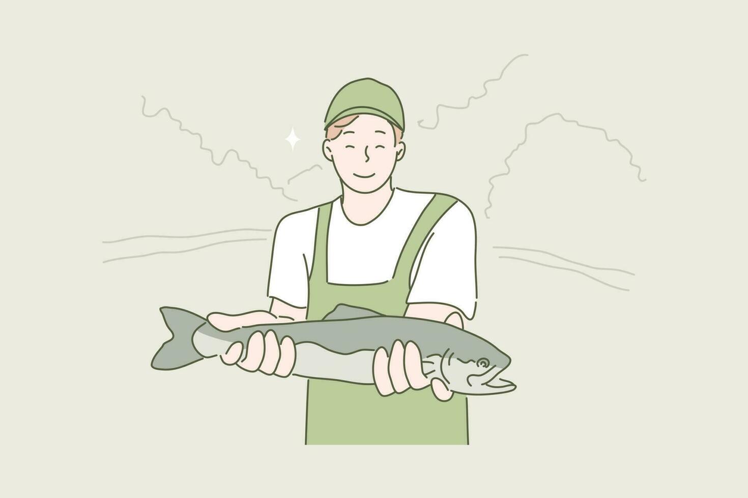 Hobby, fishing, caught concept. Young happy smiling boy angler fisherman cartoon character showing catch and loking straight at camera. Summer holiday recreation and active lifestyle illustration. vector