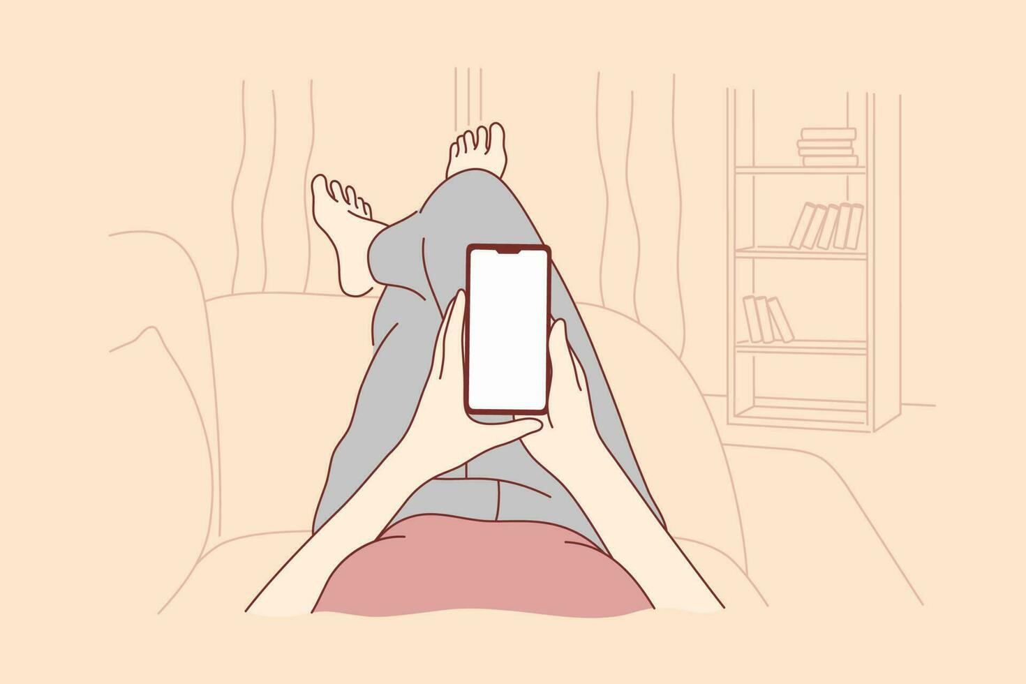 Techonology, mobile phone, network, communication concept. Human cartoon character lying on couch at home reading news or chatting in social media at watching at smartphone vector. vector