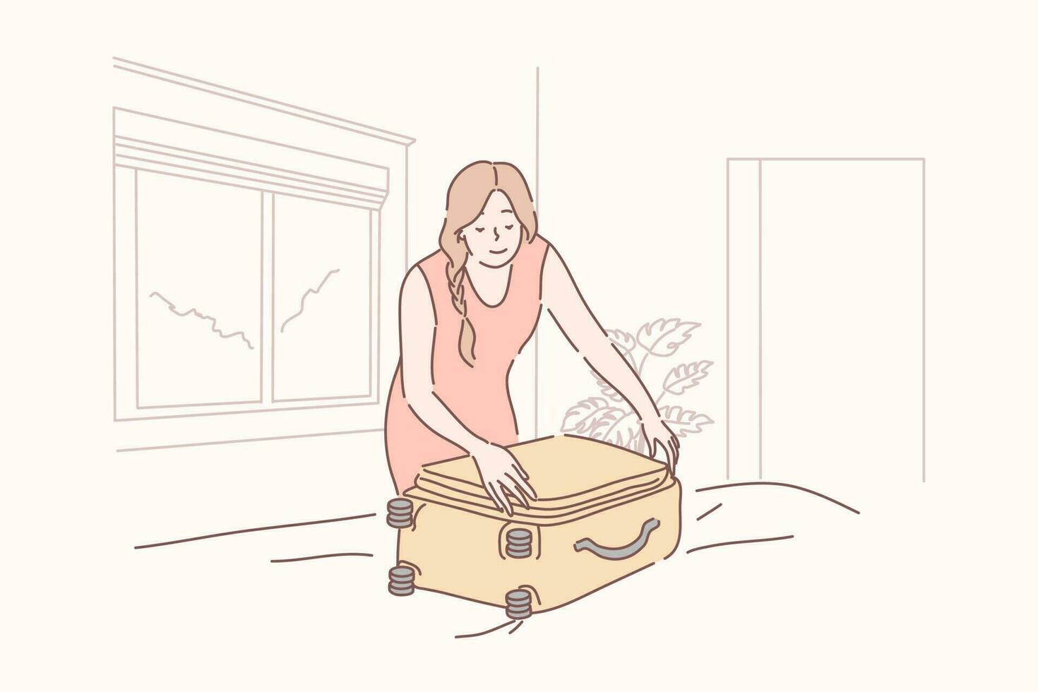 Vacation, tourism, holiday, arrival, hotel concept. Young happy woman or girl traveller tourist packs or unpacking suitcase. Preparation for vacation. Holiday recreation. Hotel arrival or departure. vector