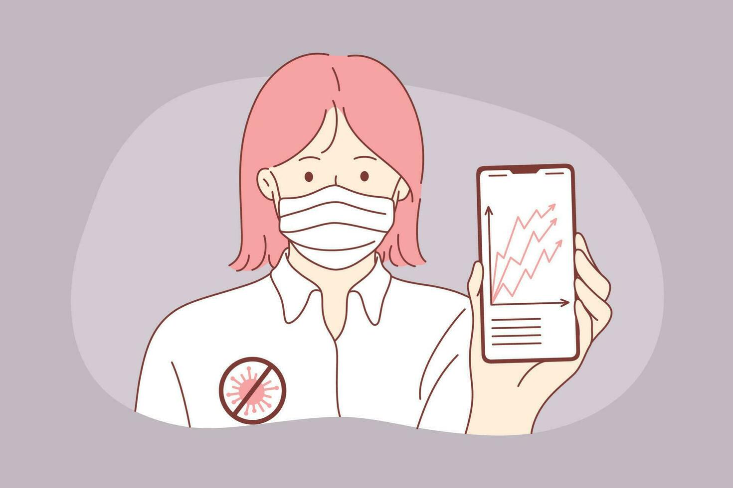 Statistics, coronavirus, danger growth concept. Young woman girl with medical face mask showing covid2019 infection increase on smartphone display. 2019ncov epidemic and desease spreading illustration vector