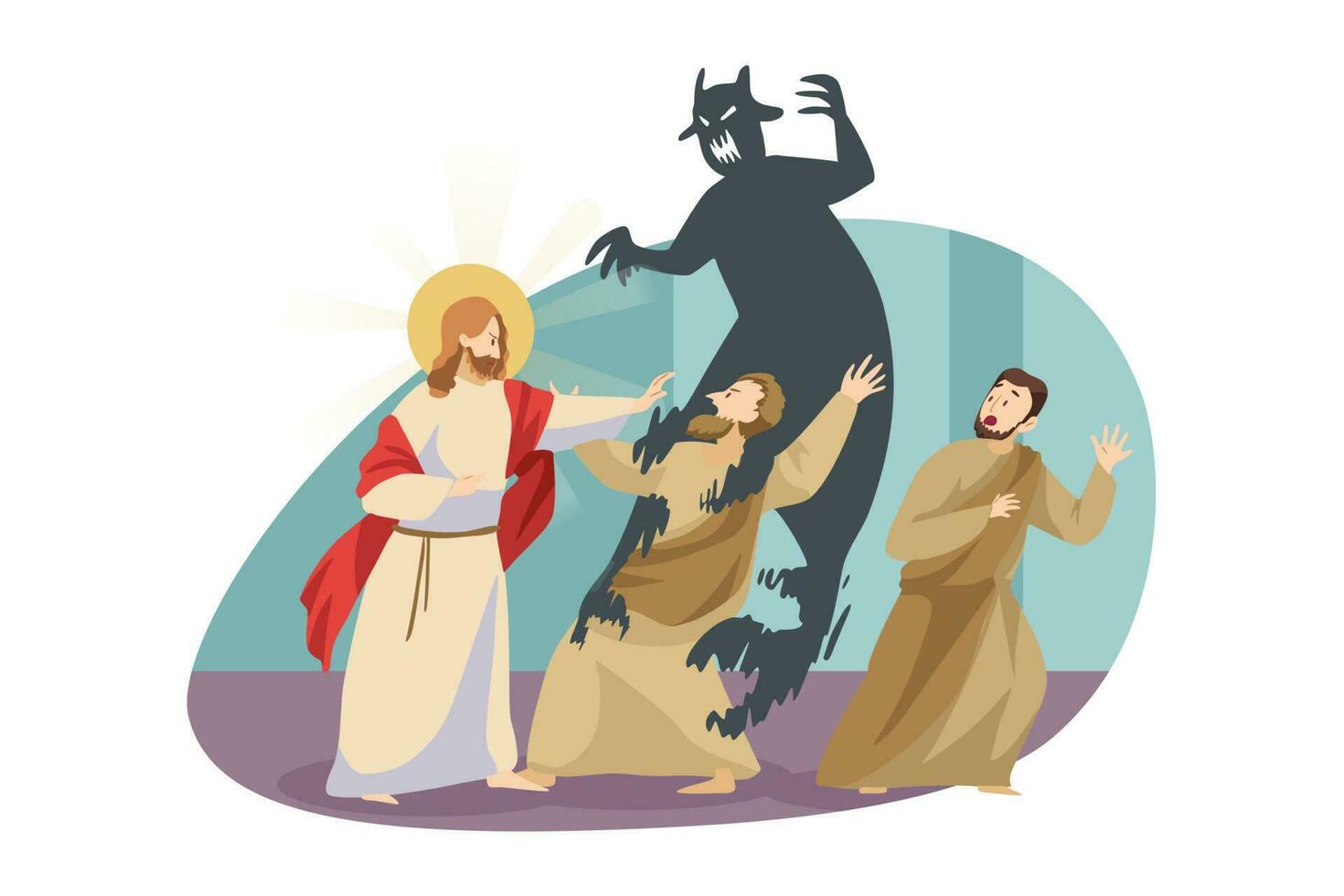 Christianity, religion, protection, devil concept. Jesus Christ son of God Messiah gospel biblical religious character expelling demon satan from posessed man. Divine support Lord power illustration. vector