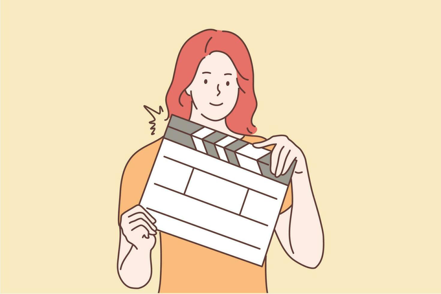 tiroteos, película, asistencia concepto. joven contento sonriente mujer o niña asistente dibujos animados personaje director en pie con claqueta haciendo Película (s clips para cine producción industria ilustración. vector