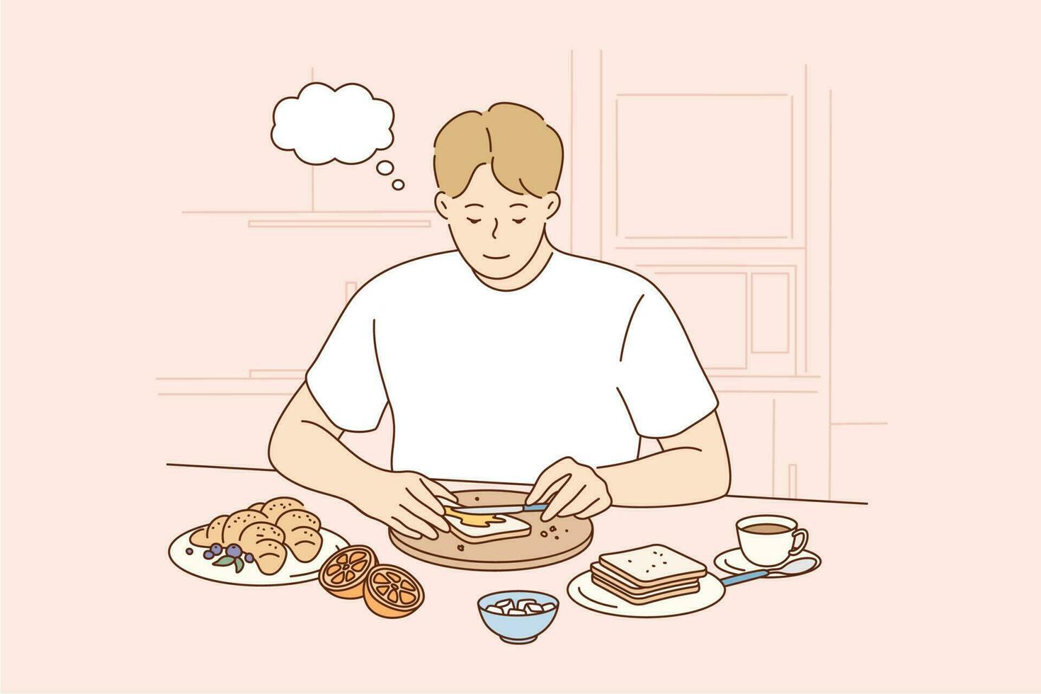 Health, care, food, thinking concept. Young thoughtful smiling pensive man boy character making toast spreading butter on bread at breakfast lunch dinner at home kitchen. Healthy eating lifestyle vector