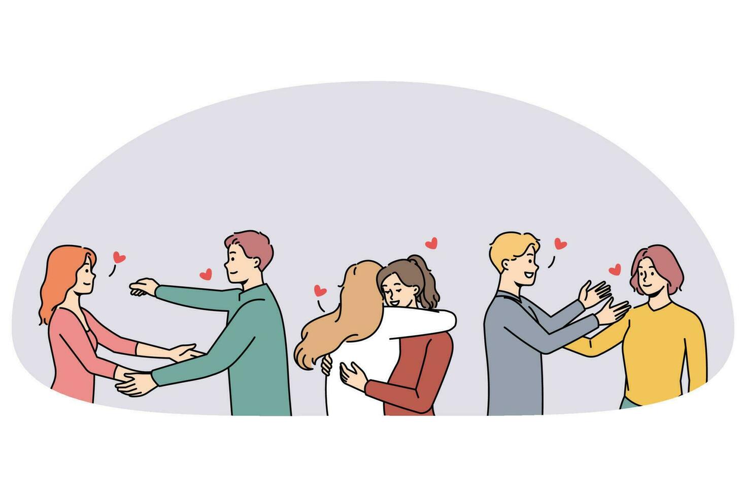 Happy diverse people hugging greeting each other vector