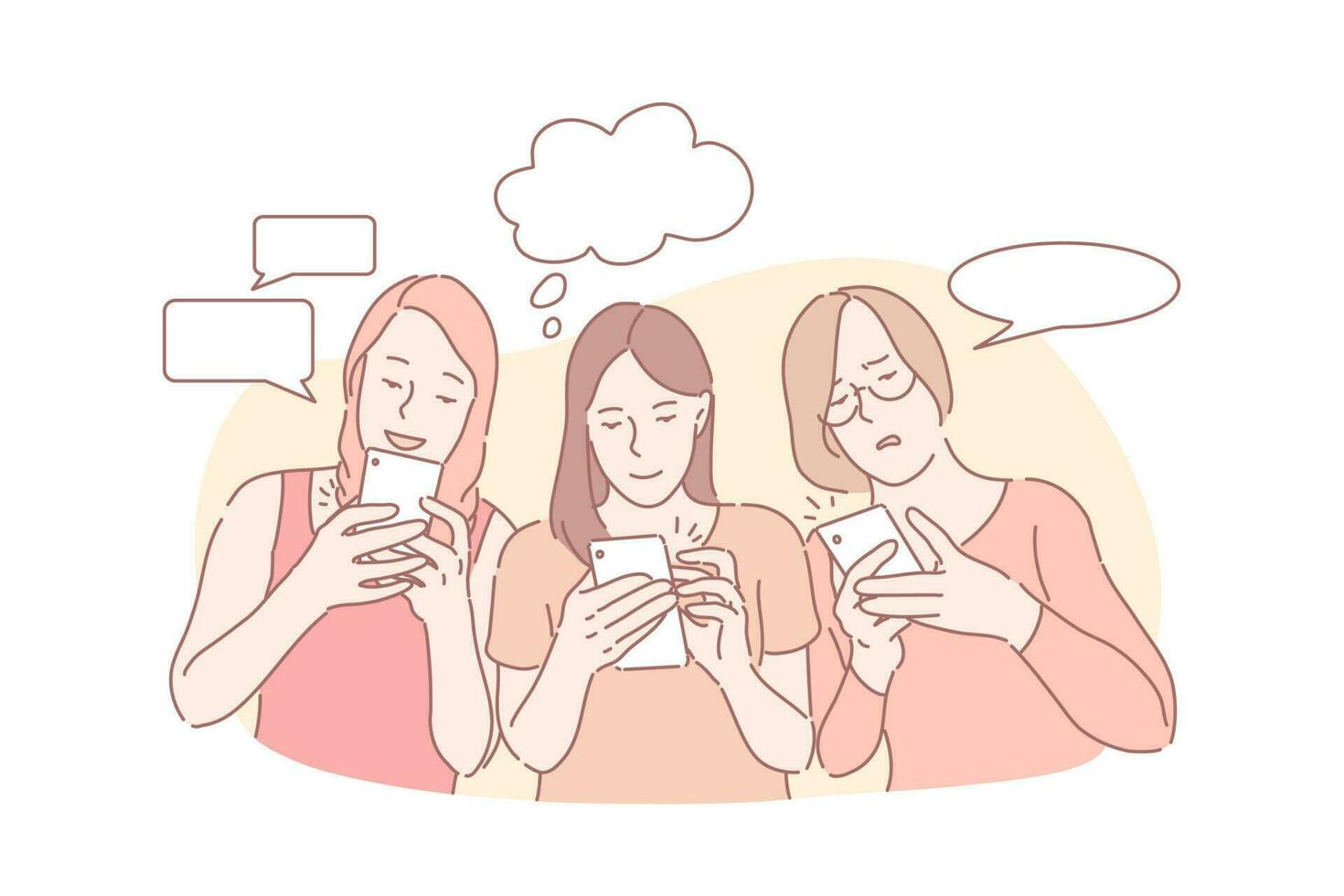 Online communication, correspondence, message app concept. Messaging, chatting, positive and negative emotions, good and bad news, young women with smartphones and speech bubbles. Simple flat vector