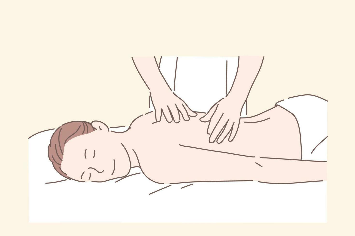 Health, massage, Spa treatment, relax concept. Young man or woman at the masseur, relaxation, rehabilitation. Patient came to therapist for help. Spa facilities. Kneading muscles of back. Flat vector. vector