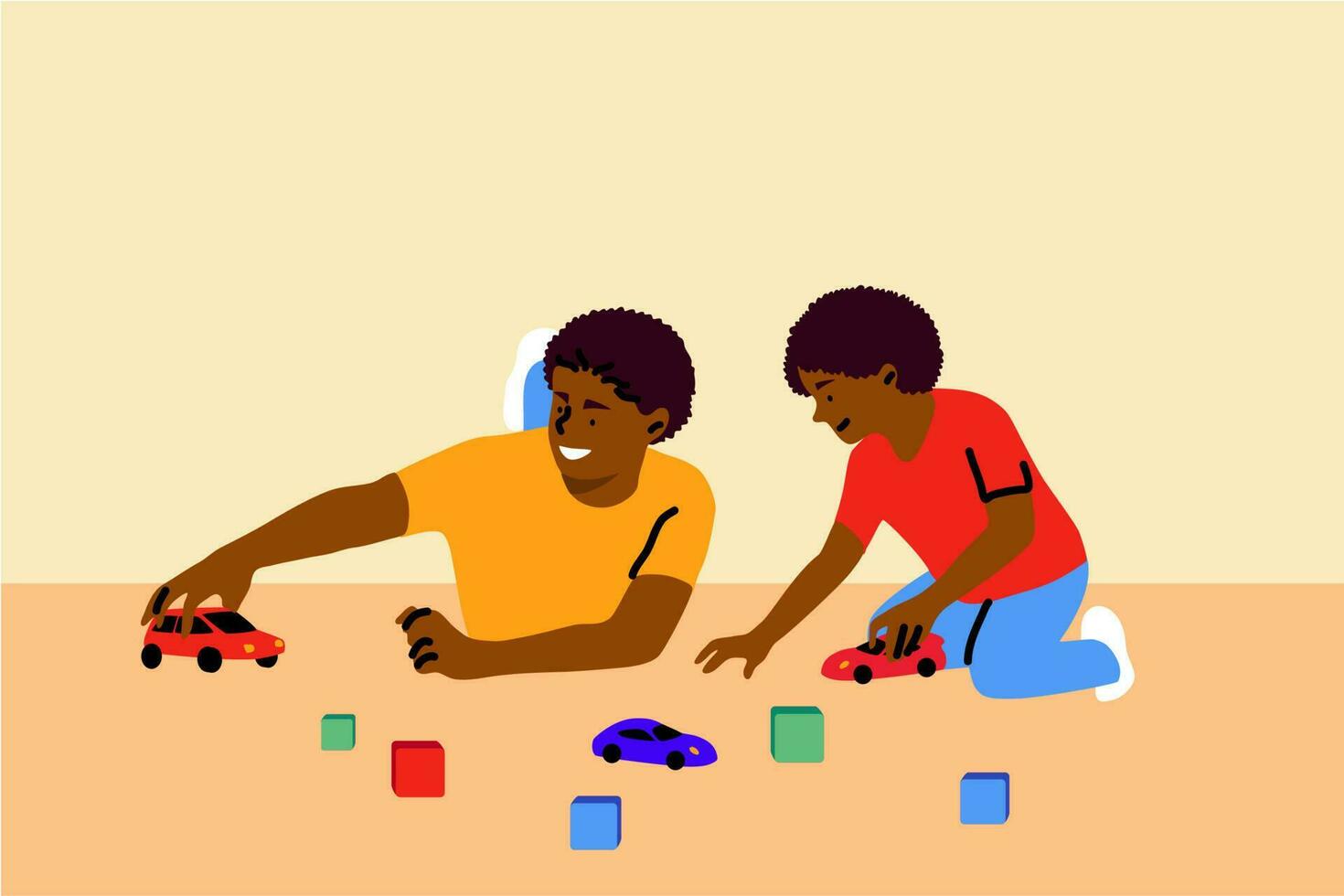 Game, fatherhood, childhood, family, recreation concept. Young african american man dad playing cars racing with child kid son together. Having fun or joint spending leisure time activity illustration vector