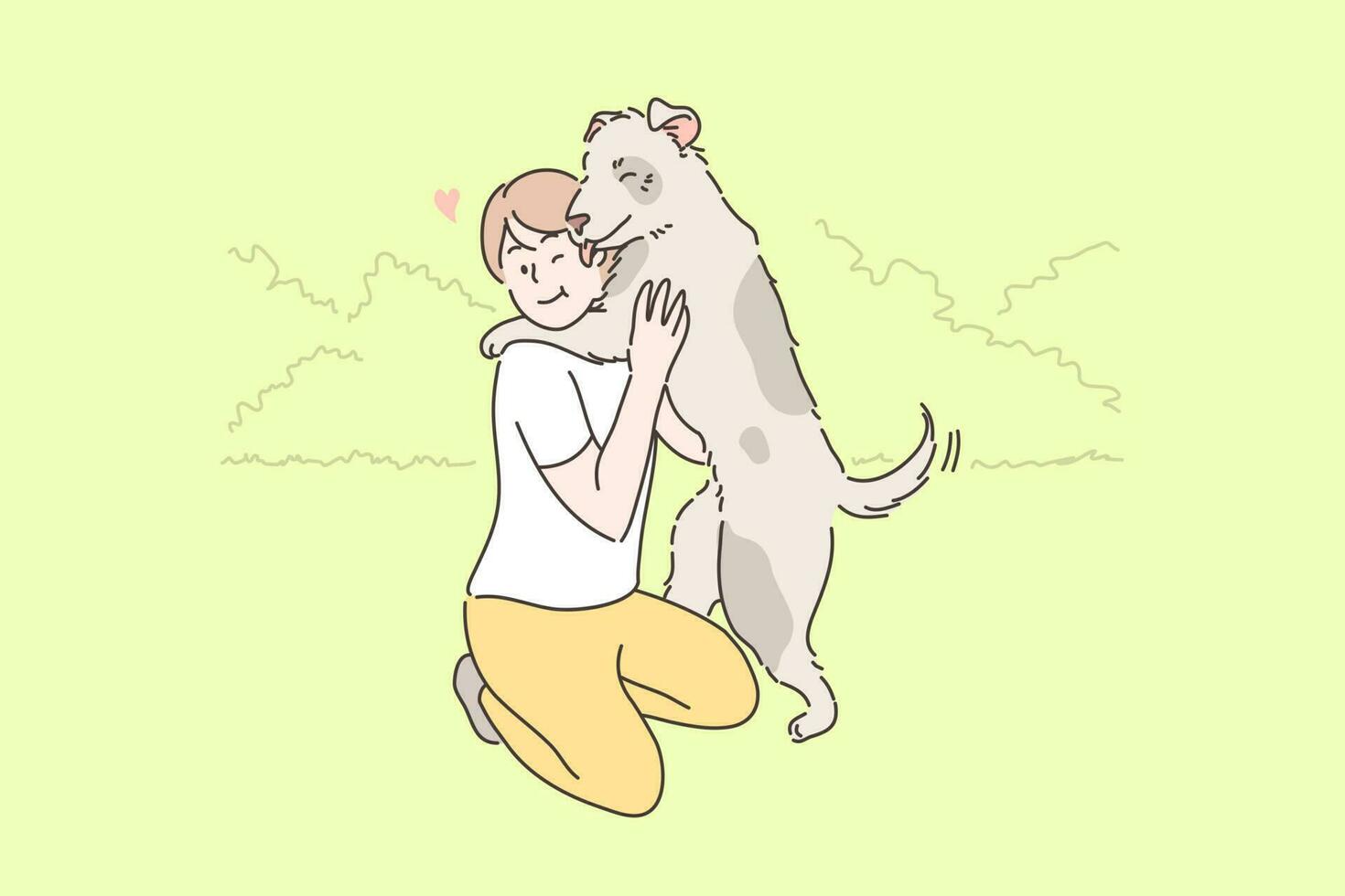 Child playing with dog concept. Young boy child kid owner cartoon character hugging embracing with happy pet puppy licking face in park outside. Summer leisure time animal love or devoted friendship. vector