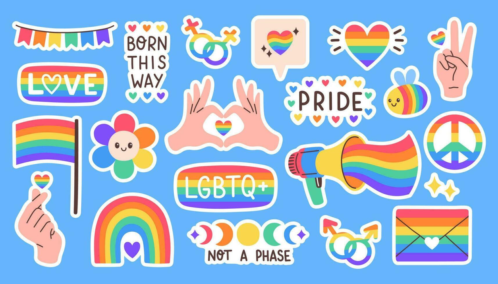 LGBT sticker pack on blue background. LGBTQ set. Symbol of the LGBT pride community. Set of LGBT pride or Rainbow elements in various shapes design. LGBT flag or Rainbow flag. Vector illustration.