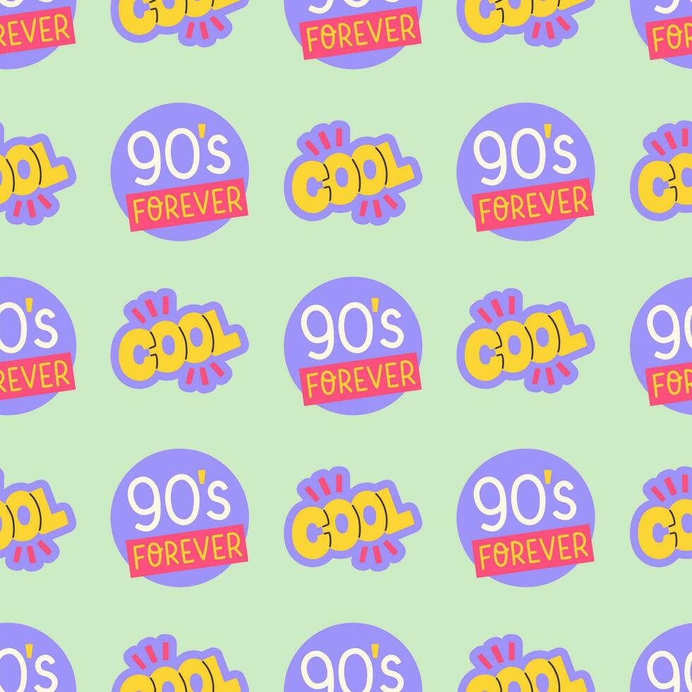 90s seamless pattern with stickers 90s forever and cool. Vector background with stickers, pins, patches in cartoon 80s 90s pop art comic style.