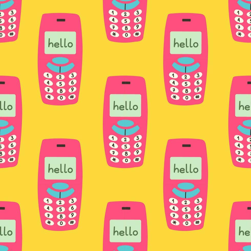90s seamless pattern with mobile phone on yellow background. Vector background with stickers, pins, patches in cartoon 80s 90s pop art comic style.