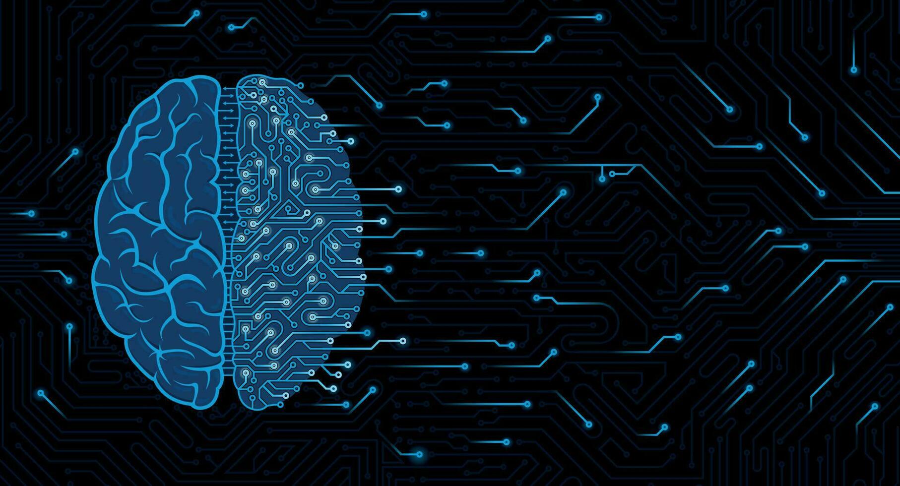 Illustration of blue brain top view half human, half machine brain with circuits on dark circuit board background with random lights with copy space. Artificial intelligence concept vector
