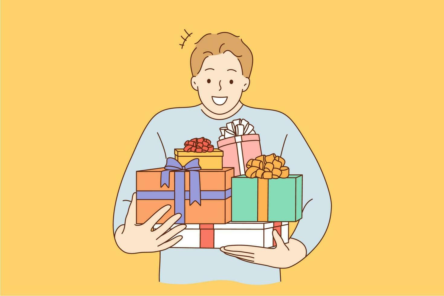 Holiday, gift, celebration concept. Young happy cheerful smiling excited man guy boy cartoon character holding carrying many presents. New year christmas or birthday gifts giveaway illustration. vector