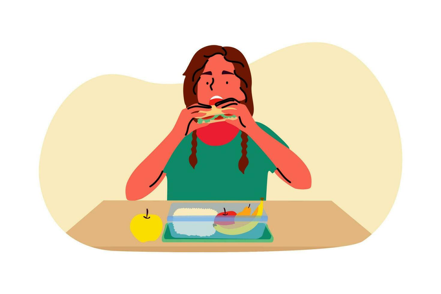 Dinner, school, food, break, childhood concept. Young child kid girl tennager pupil cartoon character sitting and eating meal sandwitch from lunch boxes at breakfast. School supper time illustration vector