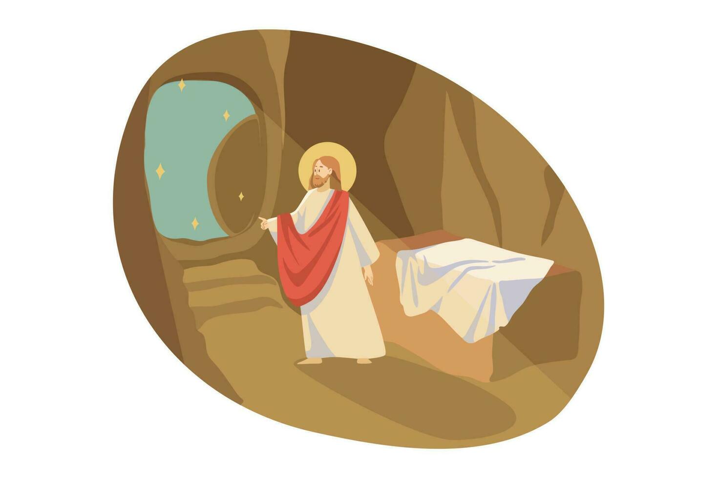 Christianity, religion, Bible concept. Jesus Christ son of God gospel prophet religious biblical character exit from tomb cave place of burial. Ascention of Messiah and New Testament illustration. vector