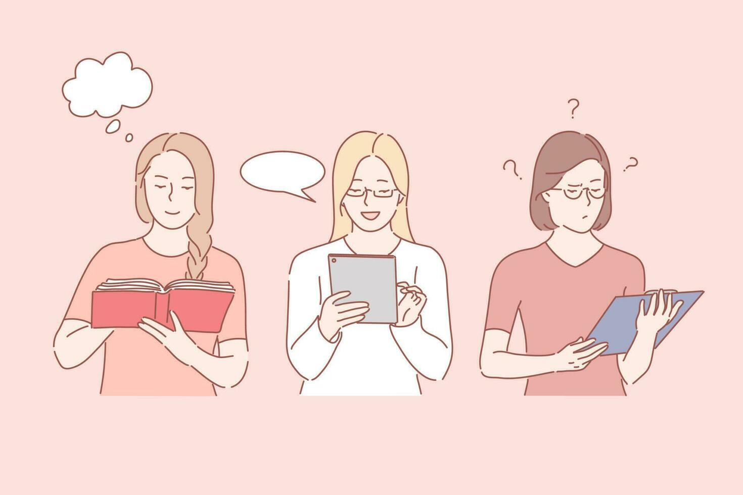 Paper and online documents, information sources, different emotions concept. Book reading, writing message, project work, women with print editions and electronic device. Simple flat vector