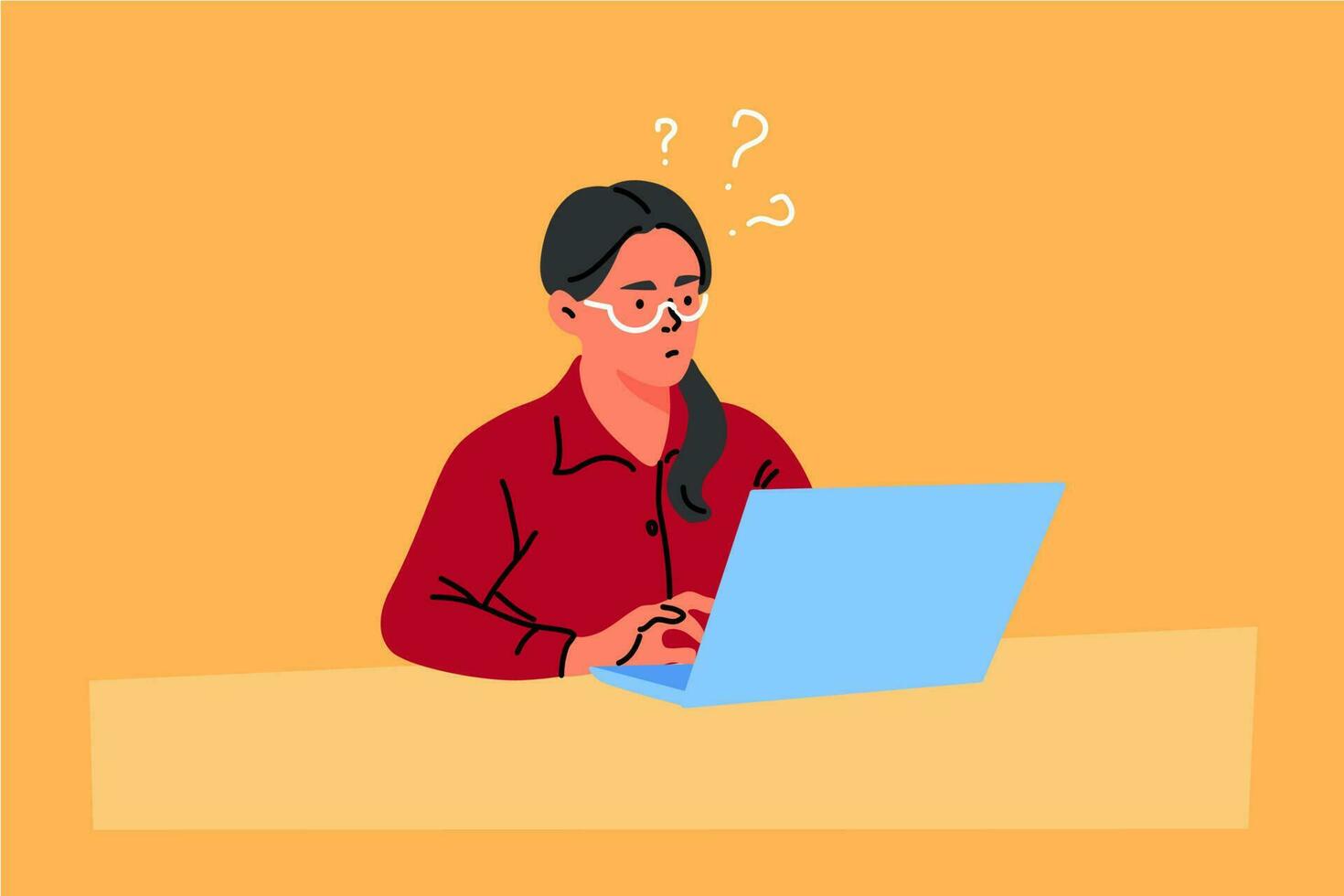 Business, freelance, problem, thinking, idea, work concept. Young thoughtful puzzled businesswoman clerk manager girl freelancer working at laptop. Search of idea for trouble solution illustration. vector