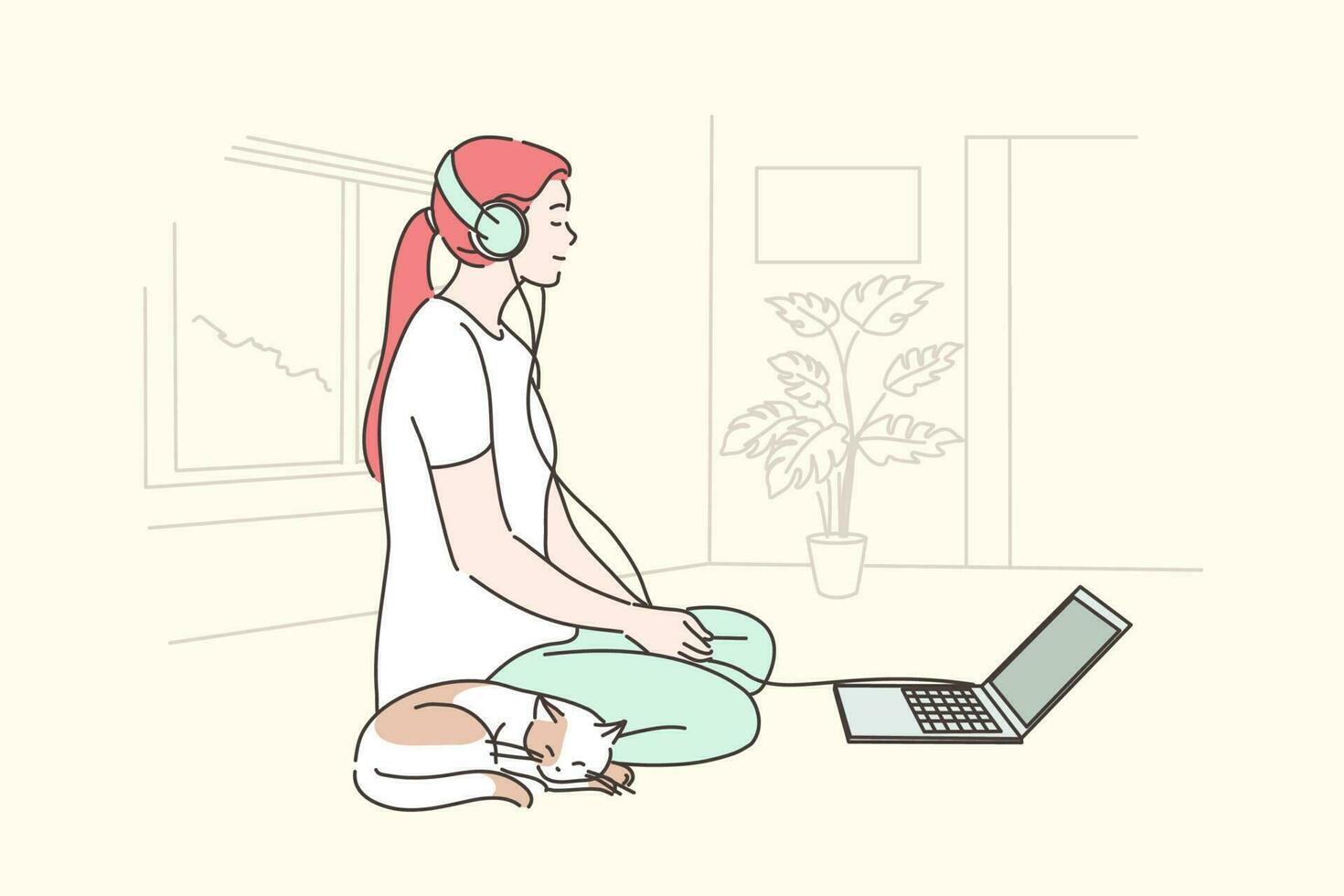 Music, meditation, dream, relax concept. Young smiling calm woman girl cartoon character sits floor with headphones and cat pet listening audio and dreaming. Home reacreation and leisure time spending vector