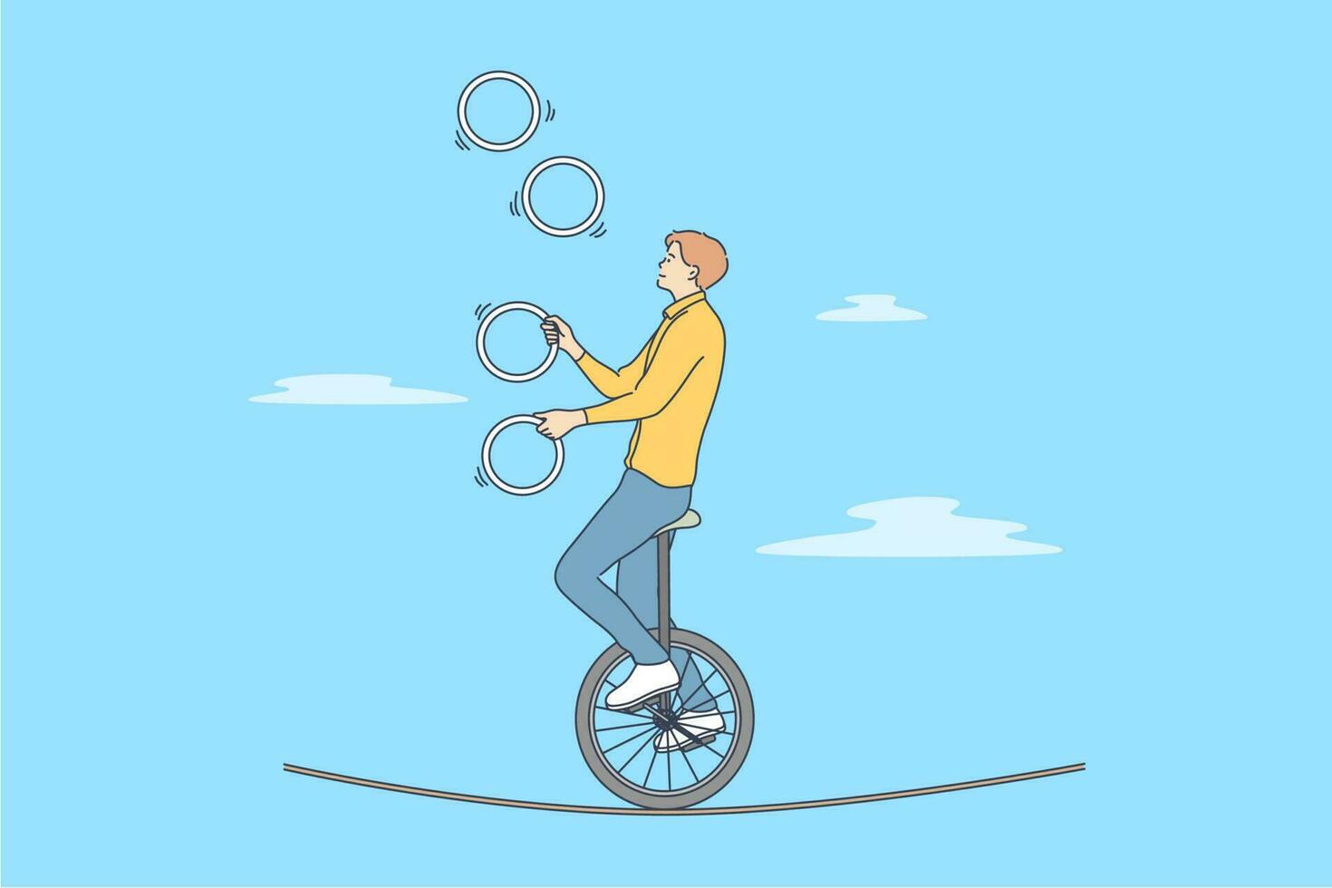 Perfomance, sport, art, acrobatics, air concept. Young professional man guy boy acrobat athlete juggler gymnast character with clubs riding unicycle on rope in circus. Active entertainment for people. vector