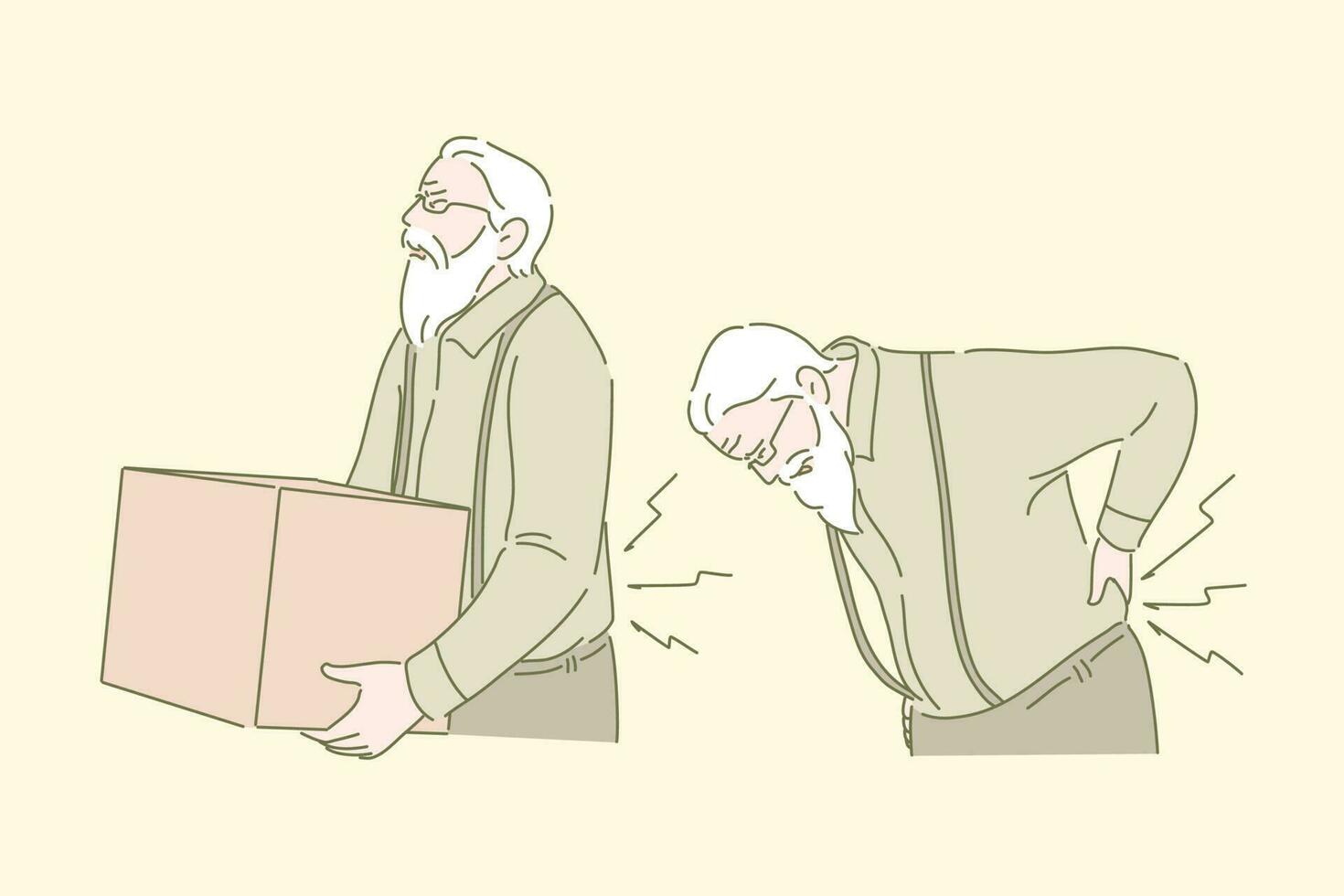 Weight lifting, back ache, healthcare concept. Senile disease, medical contraindication, old man with box, grandfather carrying heavy load, graybeard suffering from pain. Simple flat vector