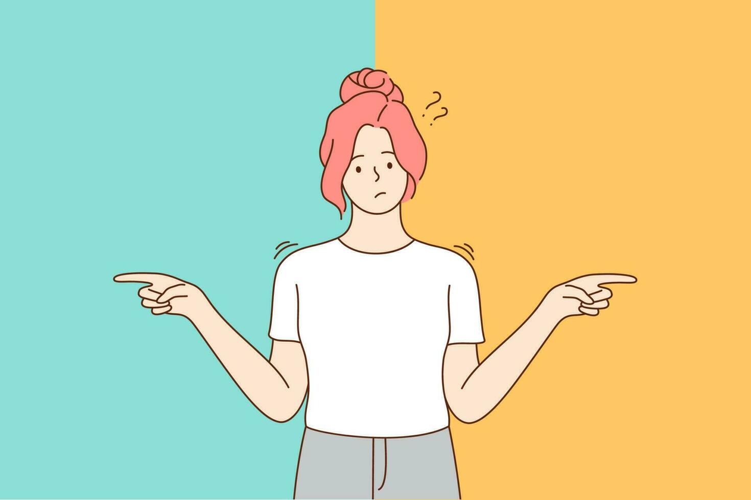Choice, thinking, doubt, problem concept. Young pensive thoughtful confused doubtful woman girl cartoon character standing and choosing between two colors or ways pointing in other sides illustration. vector