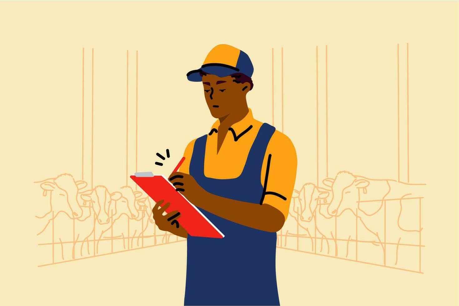 Examination, farming, occupation, work concept. Young african american man guy worker examinating cows cattle on dairy farm with tablet or touchpad. Rural life and working on countryside illustration. vector