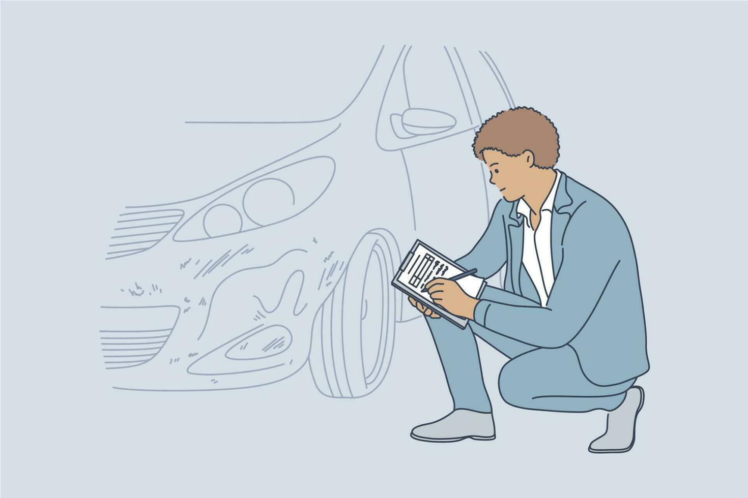 Accident, examination, checkup, automobile concept. Young professional african american man guy insurance agent examining transport vehicle after road collision and recording car damage on claim form. vector