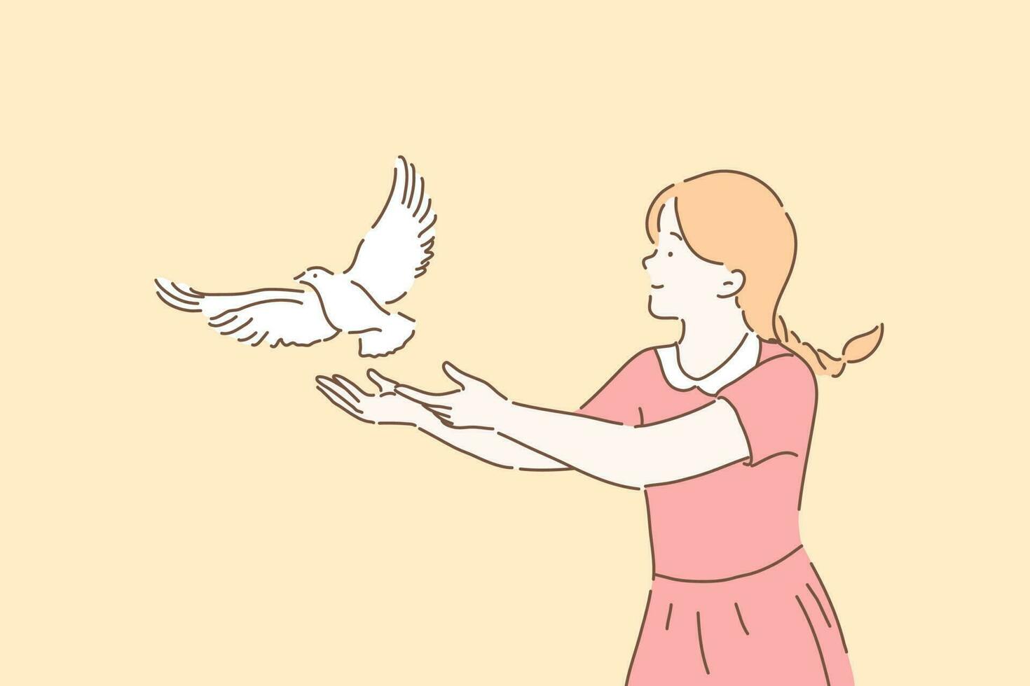 paz símbolo, libertad metáfora concepto. niña dejando Vamos blanco paloma, linda niño ajuste gratis Paloma con abierto brazos gesto, hembra voluntario tomando cuidado de aves. sencillo plano vector