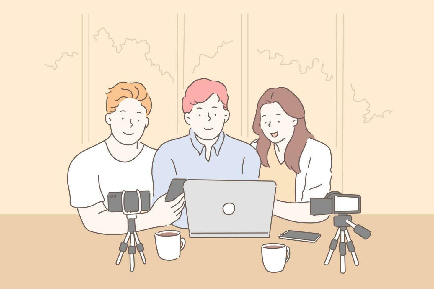 Vlogging, live streaming from laptop concept. Friends shooting vlog, using cameras and smartphones on tripod, parents and son having video conference, chatting online. Simple flat vector