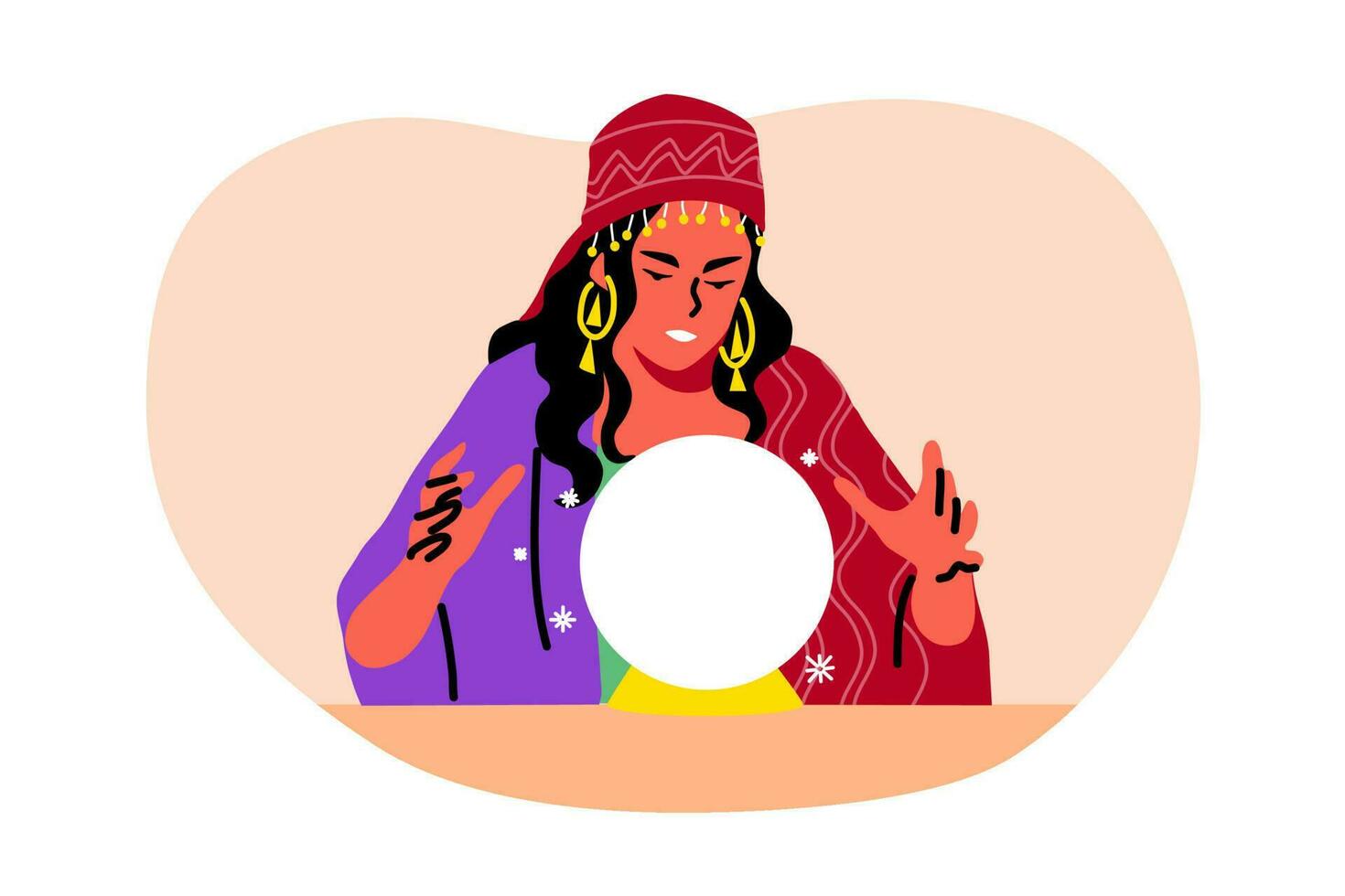 Mystery, fortune telling, astrology, future concept. Young woman girl gypsy oracle cartoon character looking at crystal ball sphere. Spiritual mysterious session for life predictions illustration. vector