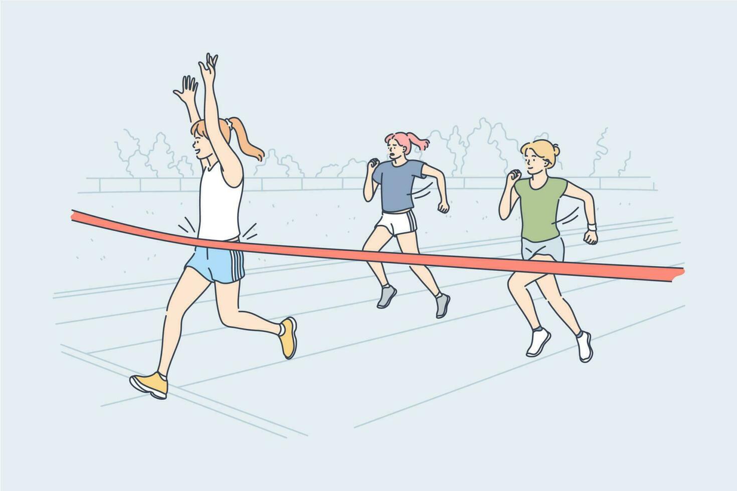 Triumph, sport, victory, success, competition concept. Young happy excited smiling woman girl athlete runner crosses finish red line with ribbon first and winning race. Goal achievement illustration. vector