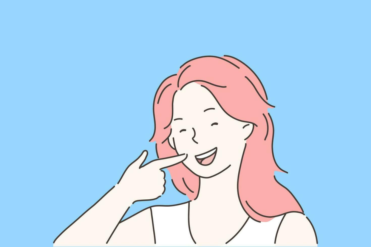 Satisfied stomatology client concept. Woman pointing at teeth with index finger, dental clinic patient happy with beaming smile after teeth whitening procedure. Simple flat vector