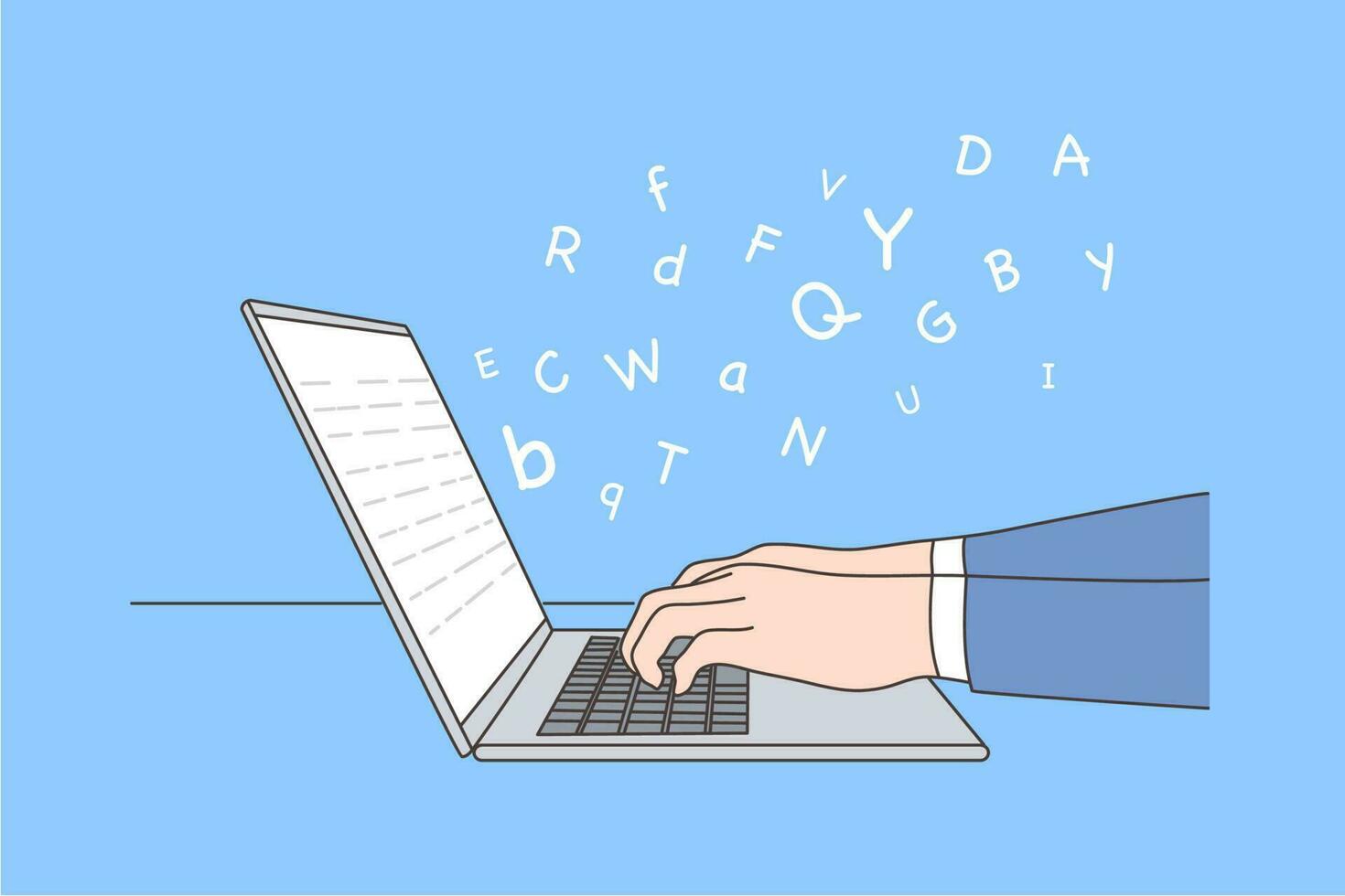 Business, work, education, report, storytelling concept. Human character editor author writer hands typing text narration using laptop. Grammar language learning remotely or sending email illustration vector