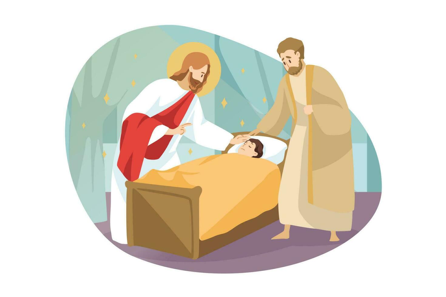 religión, Biblia, cristiandad concepto. Jesús Cristo hijo de Dios Mesías profeta bíblico personaje hace milagroso curación de enfermo enfermo niño niño chico por conmovedor. adivinar ayuda y bendición ilustración. vector