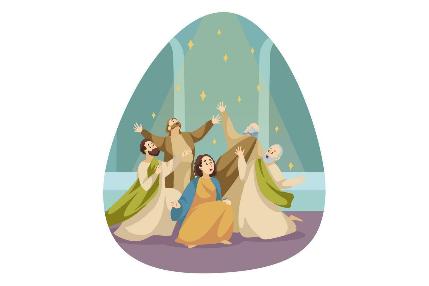 Religion, christianity, Bible concept. Crowd group of men women christians character getting blessing from Trinity son father and holy spirit. Pentecost or Whitsaunday religious holidays celebration. vector