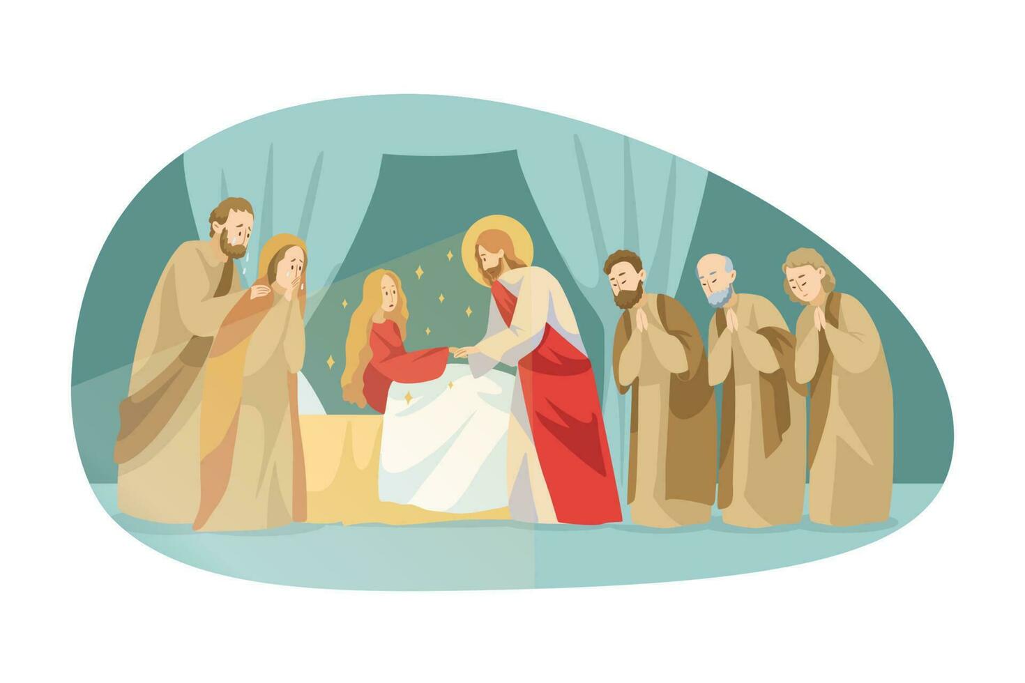 Religion, bible, christianity concept. Jesus Christson of God biblical character Messiah gospel makes miraculous ascension of dead wman girl by touching. Divine miracle help and blessing illustration. vector