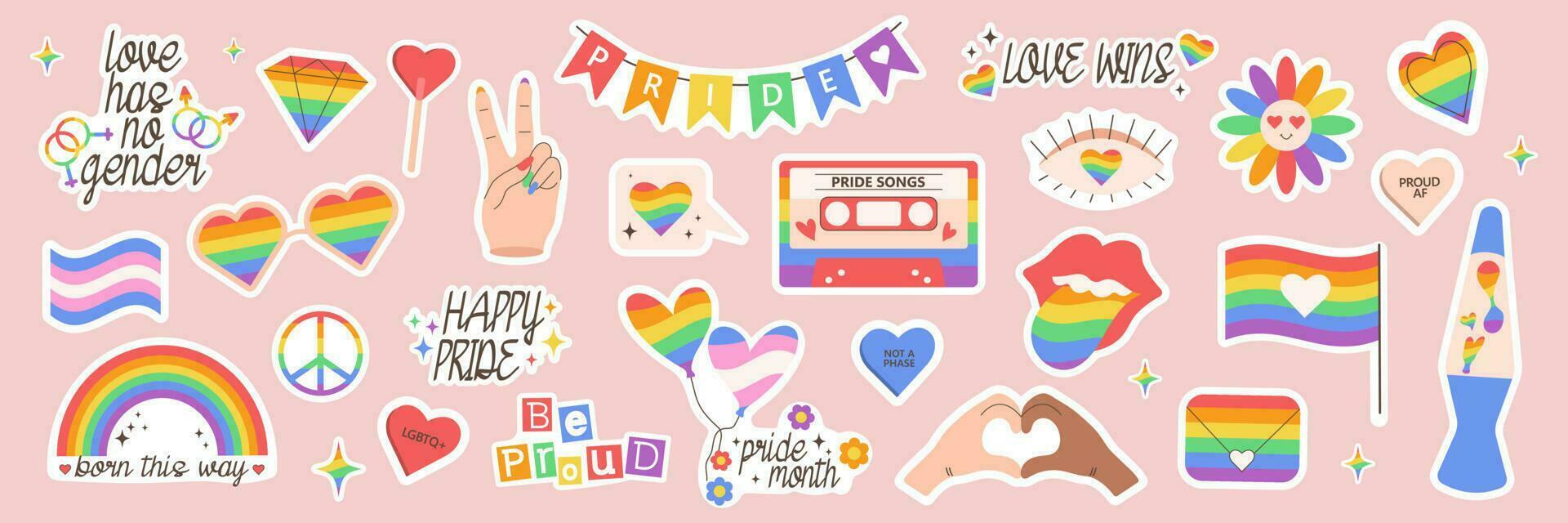 Sticker set of LGBTQ community symbols with groovy retro elements. Pride month slogans and phrases. Happy pride celebration vector