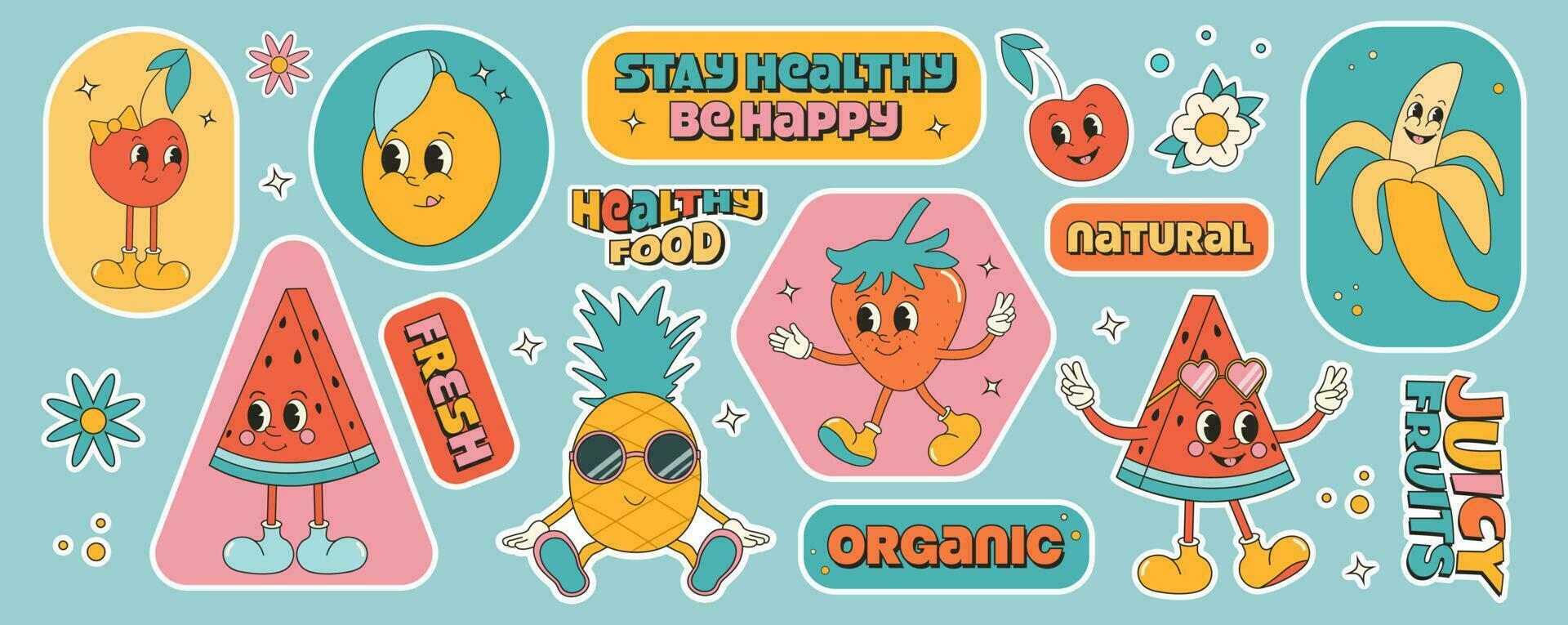 Collection of summer fruit stickers in groovy retro style. Set of healthy natural food stickers, product labels and tags. Mascot characters. vector