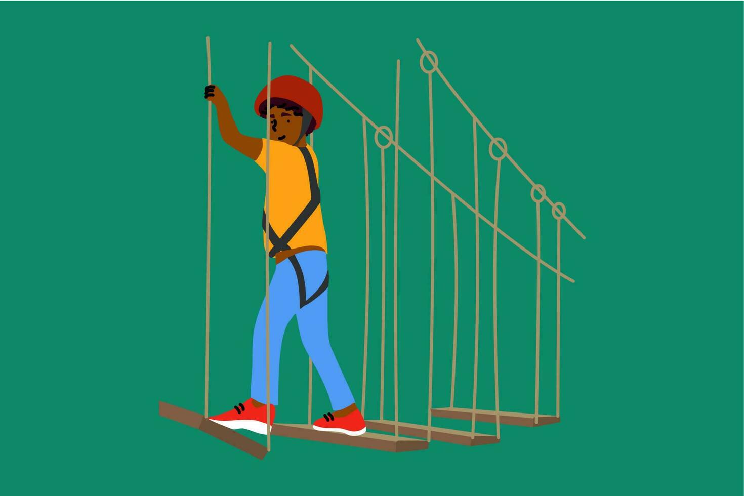 Sport, game, adventure, childhood, recreation concept. Young happy excited african american boy child kid climbing on high rope trail in amusement center. Extreme leisure in forest playground park. vector