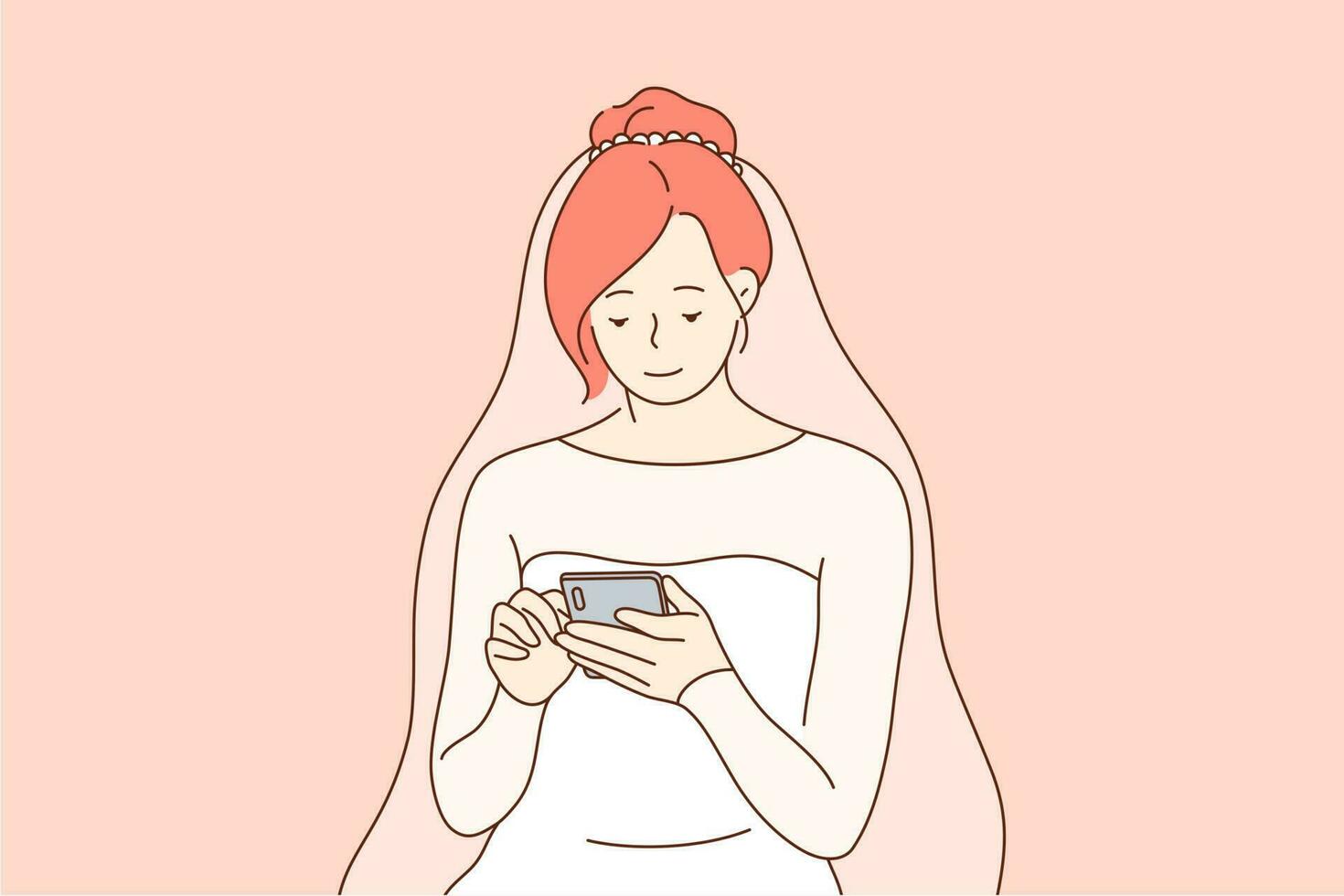 Communication, wedding, technology, media concept. Young happy smiling woman girl bride cartoon character sits using smartphone for social network and sharing news. Digital technologies illustration. vector