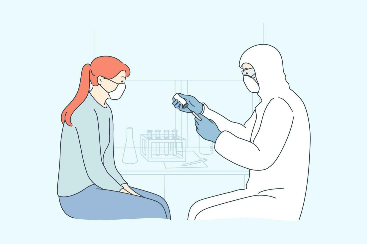 Healthcare, coronavirus, vaccination, medicine concept. Man doctor with medical face mask suit gives vaccine treatment from covid19 desease to young woman. People immunization from 2019ncov infection. vector