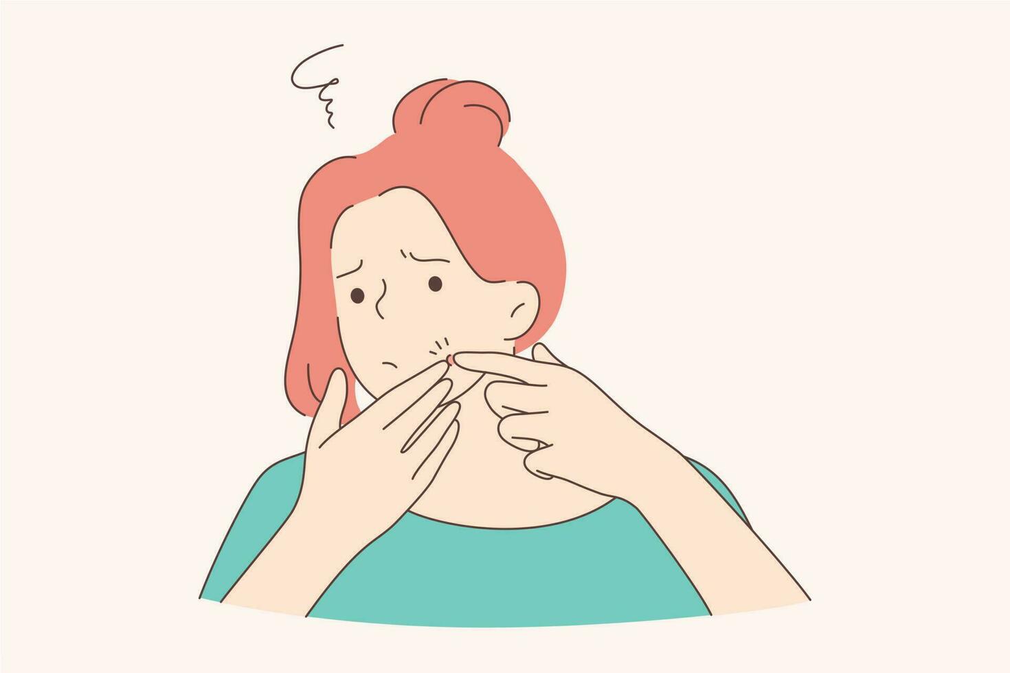 Health, care, examination, frustration concept. Young sad upset woman girl teenager cartoon character looking at mirror popping squeezing pimple at home. Age problem of acne prone skin illustration. vector