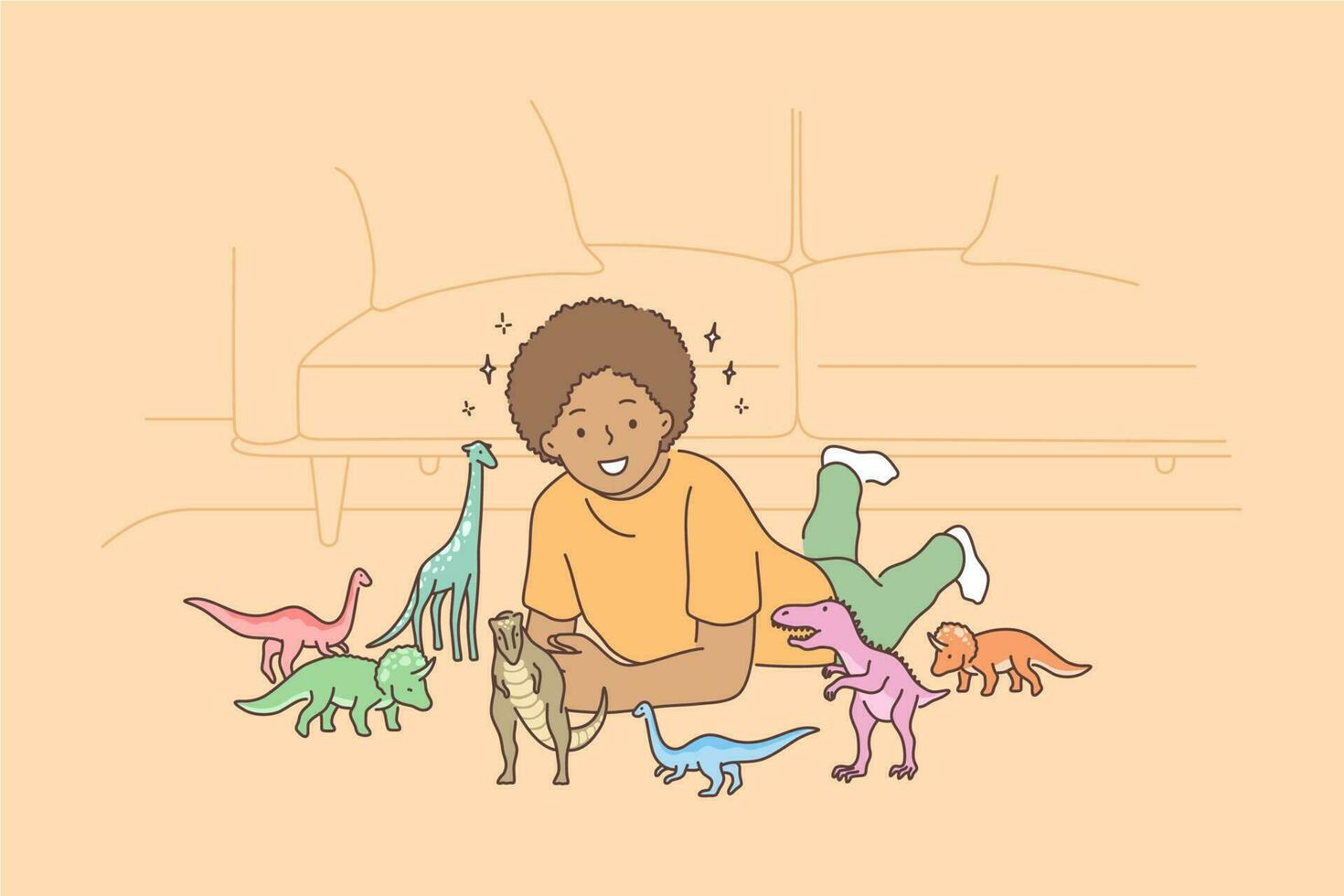 Play, fun, leisure, education concept. Young happy smiling african american child kid boy playing with colorful toy dinosaurs. Learning evolution fossils or reptiles and paleontology game illustration vector