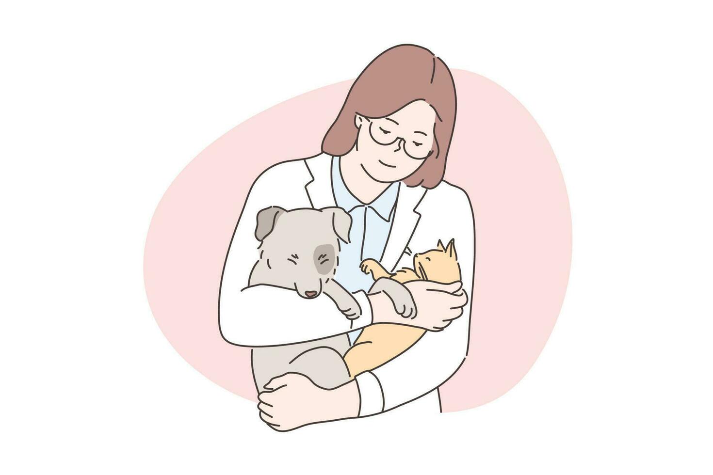 medicamento, veterinario, examen concepto. joven contento sonriente mujer o niña veterinario médico dibujos animados personaje examinando perro y gato perrito y gatito participación en manos. mascota cheque arriba y animal cuidado vector