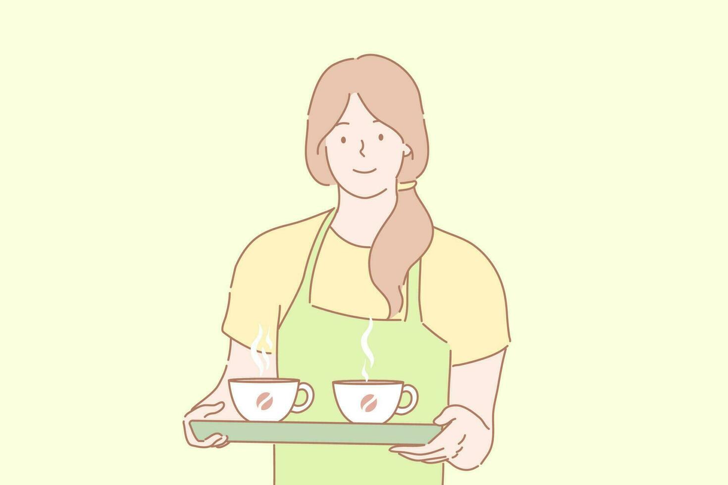Cofee, barista, service, offer, order advertising concept. Young happy woman girl barista waitress in apron holds tray with two cups of hot cofee. Cofeehouse advertising. Taking order. Service sphere. vector