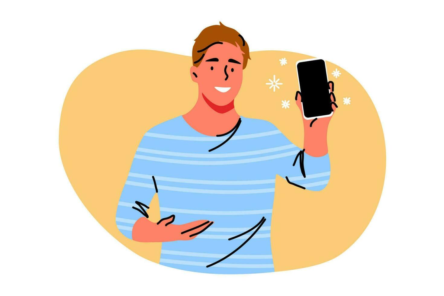 Technology, advertisement, communication, presentation concept. Young happy man boy teenager character showing new smartphone. Promotion of innovative technological devices demonstration illustration. vector