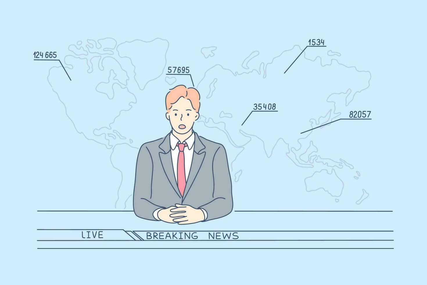 TV news report concept. Young man cartoon character television host telling television breaking reportage at studio looking at camera. Coronavirus infection statistics in live broadcast illustration. vector