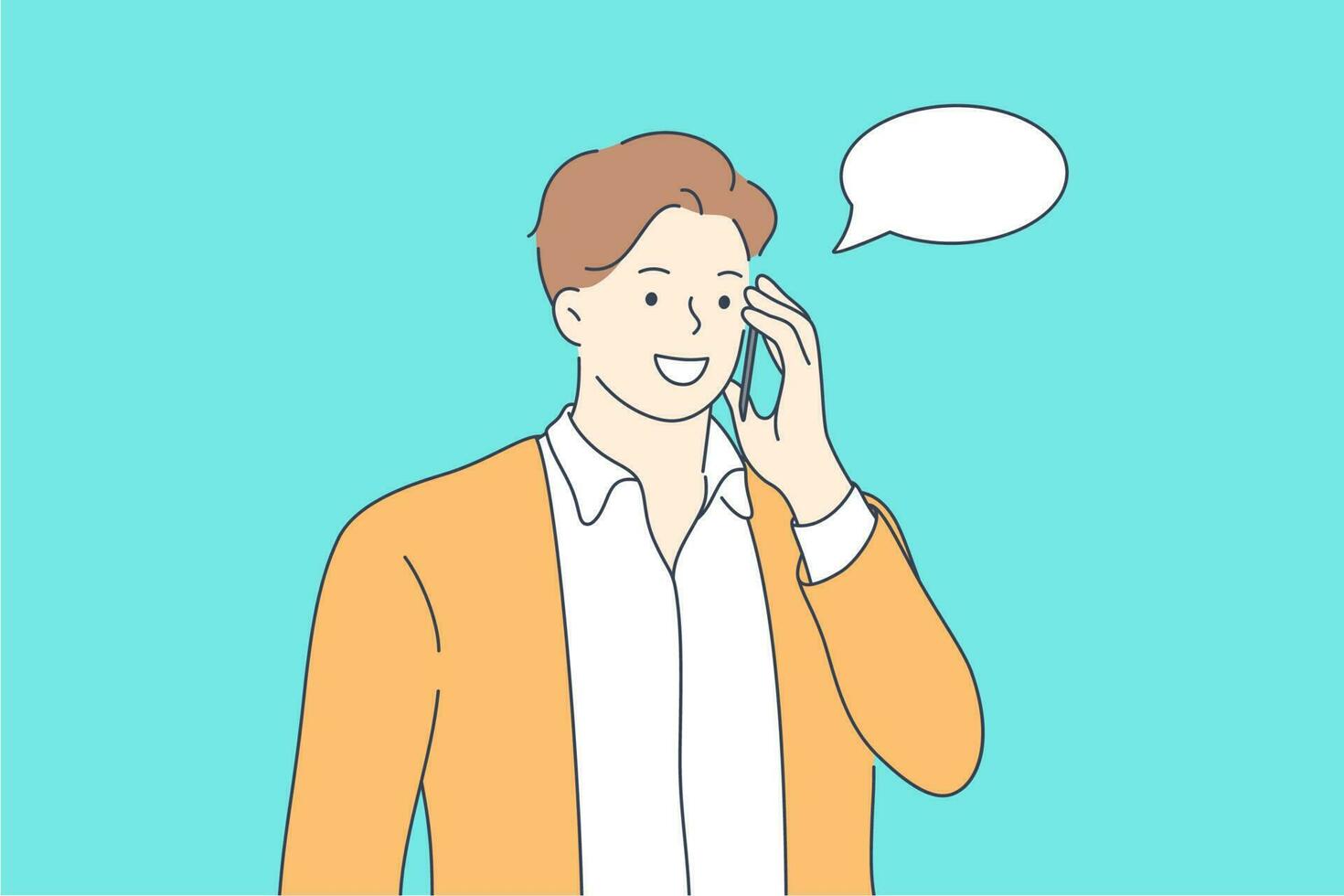 Communication, mobile, conversation concept. Young happy smiling man boy teenager student cartoon character talking communicating on smartphone. Mobile technology and telling good news illustration. vector