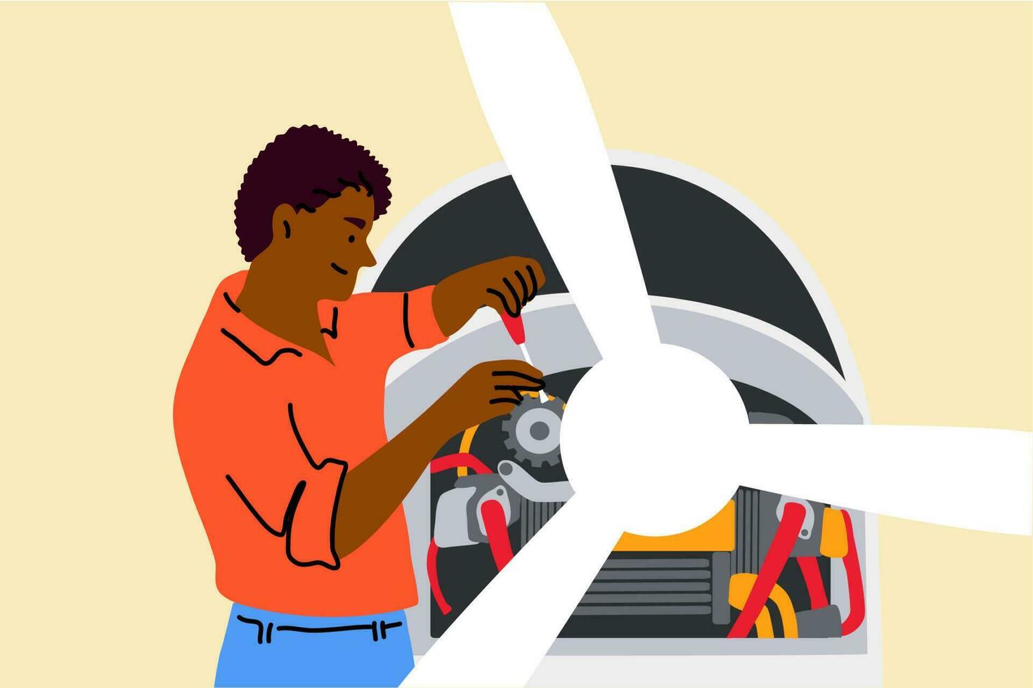 Work, repair, engineering, mechanics concept. Young smiling african american man or guy mechanic character inspecting and working on airplane jet engine in hangar. Aircraft maintenance illustration. vector